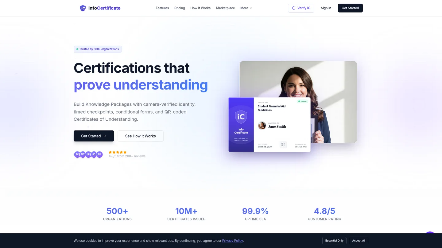 InfoCertificate homepage showing a verified certificate and camera identity check
