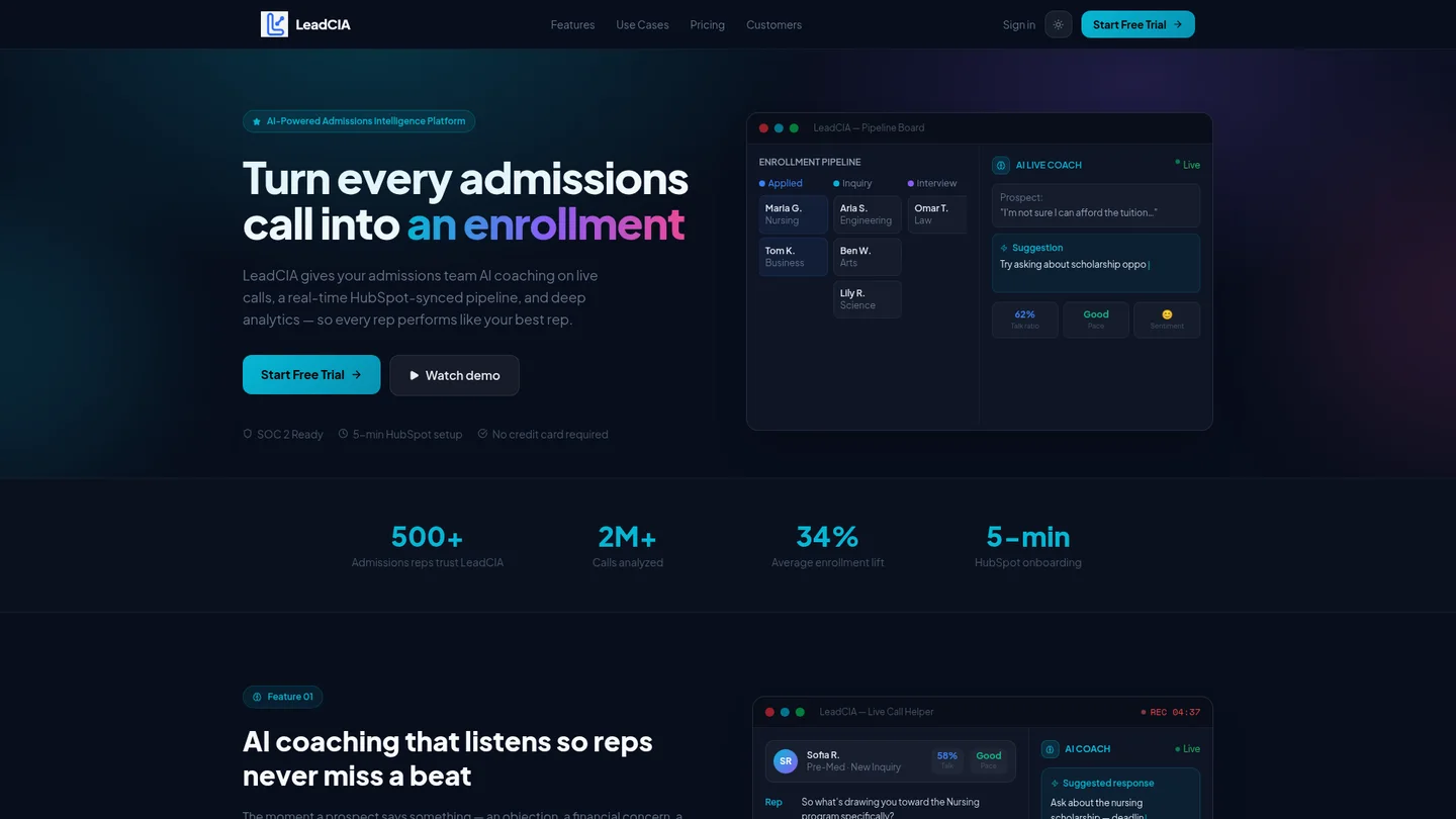LeadCIA homepage showing an admissions enrollment pipeline and live AI call coaching