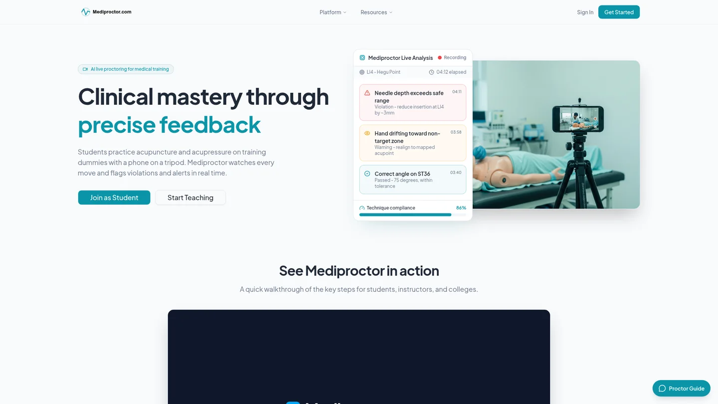 MediProctor homepage showing live clinical skills proctoring and technique feedback