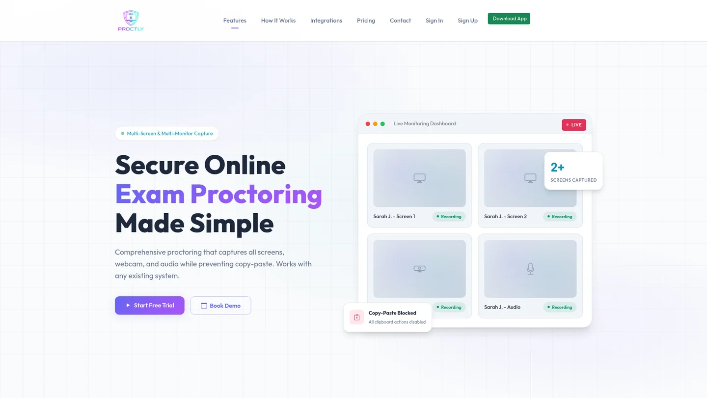 Proctly homepage showing secure online exam proctoring and multi-screen monitoring