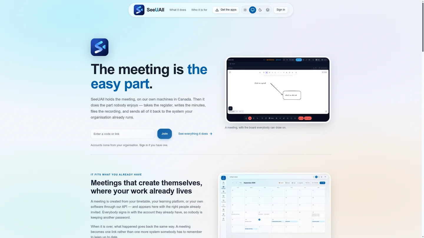 SeeUAll homepage showing its online meeting and collaborative whiteboard interface